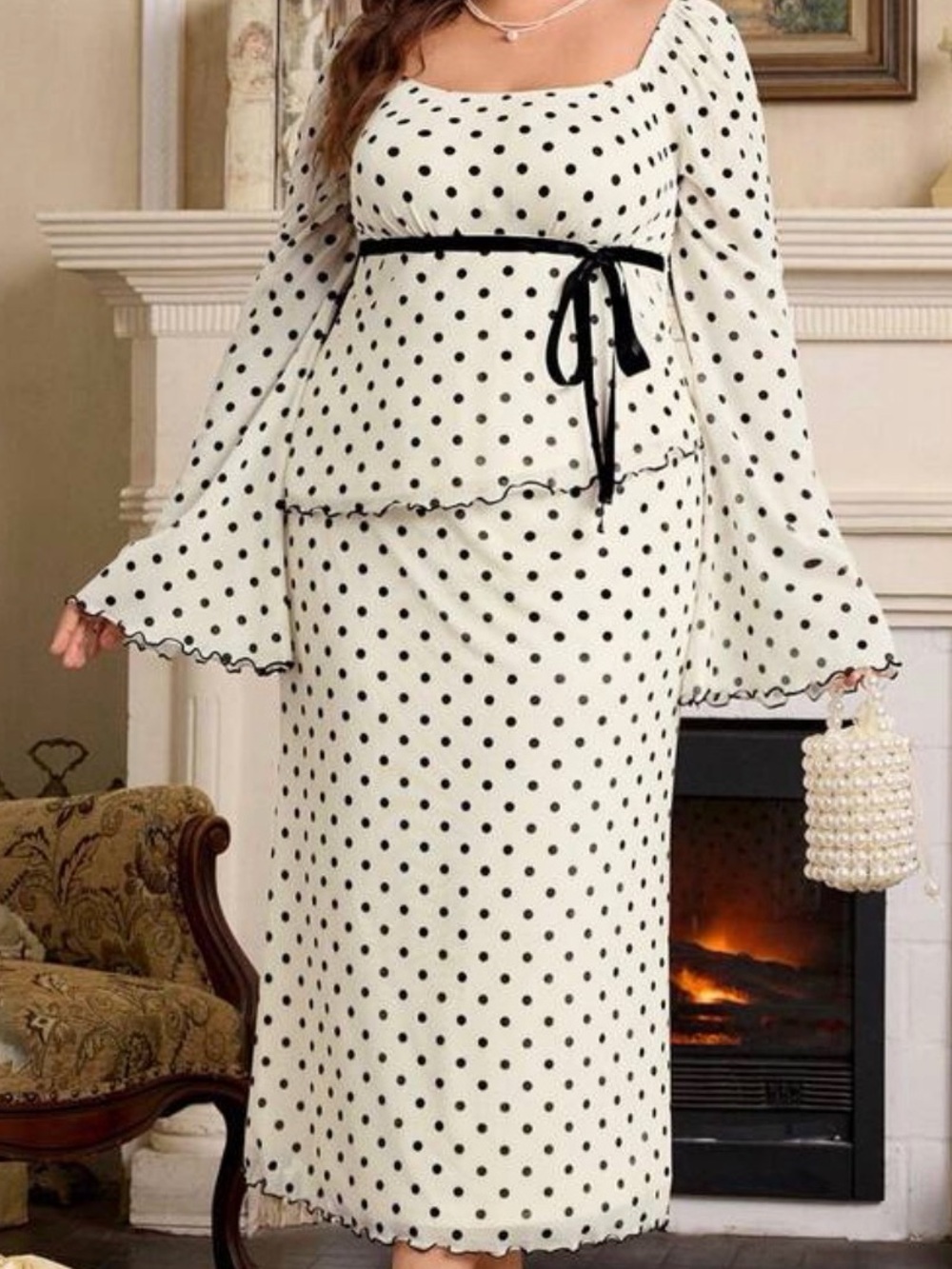 Polka Dot Midi Skirt Set with Black Bow